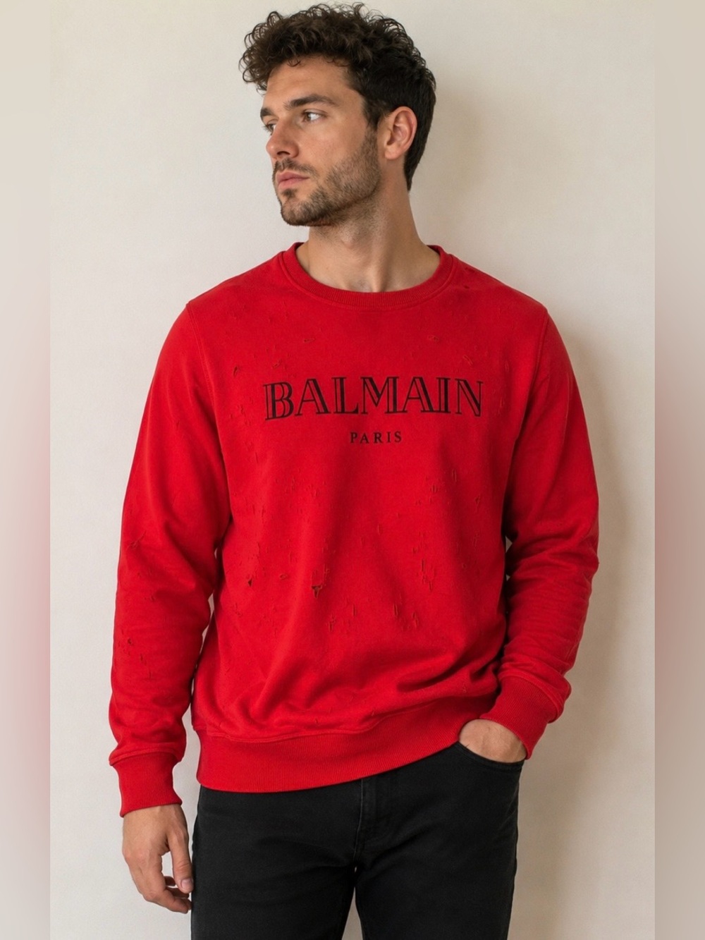Balmain Red Logo Crewneck Sweatshirt, XL